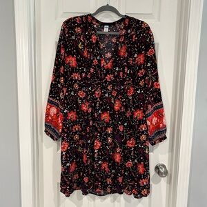 Old Navy Women Black Floral Pintuck Swing Dress Size XL Floral Long Sleeve Boho
